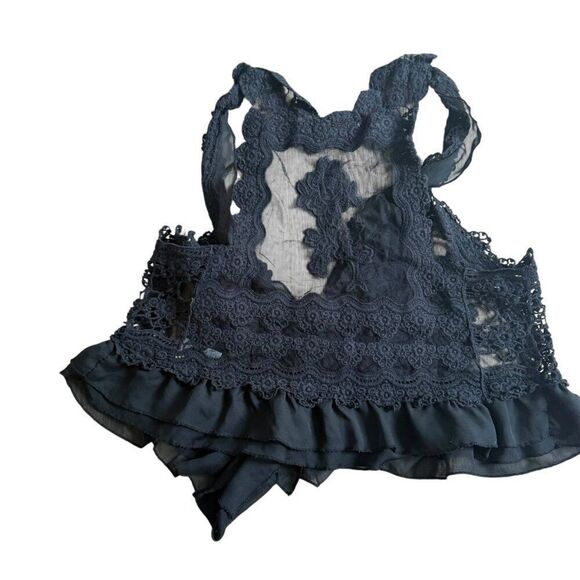 Umgee Lace Vest Black Small Medium Sheer Sleeveless Top Open Ruffle - Picture 8 of 8